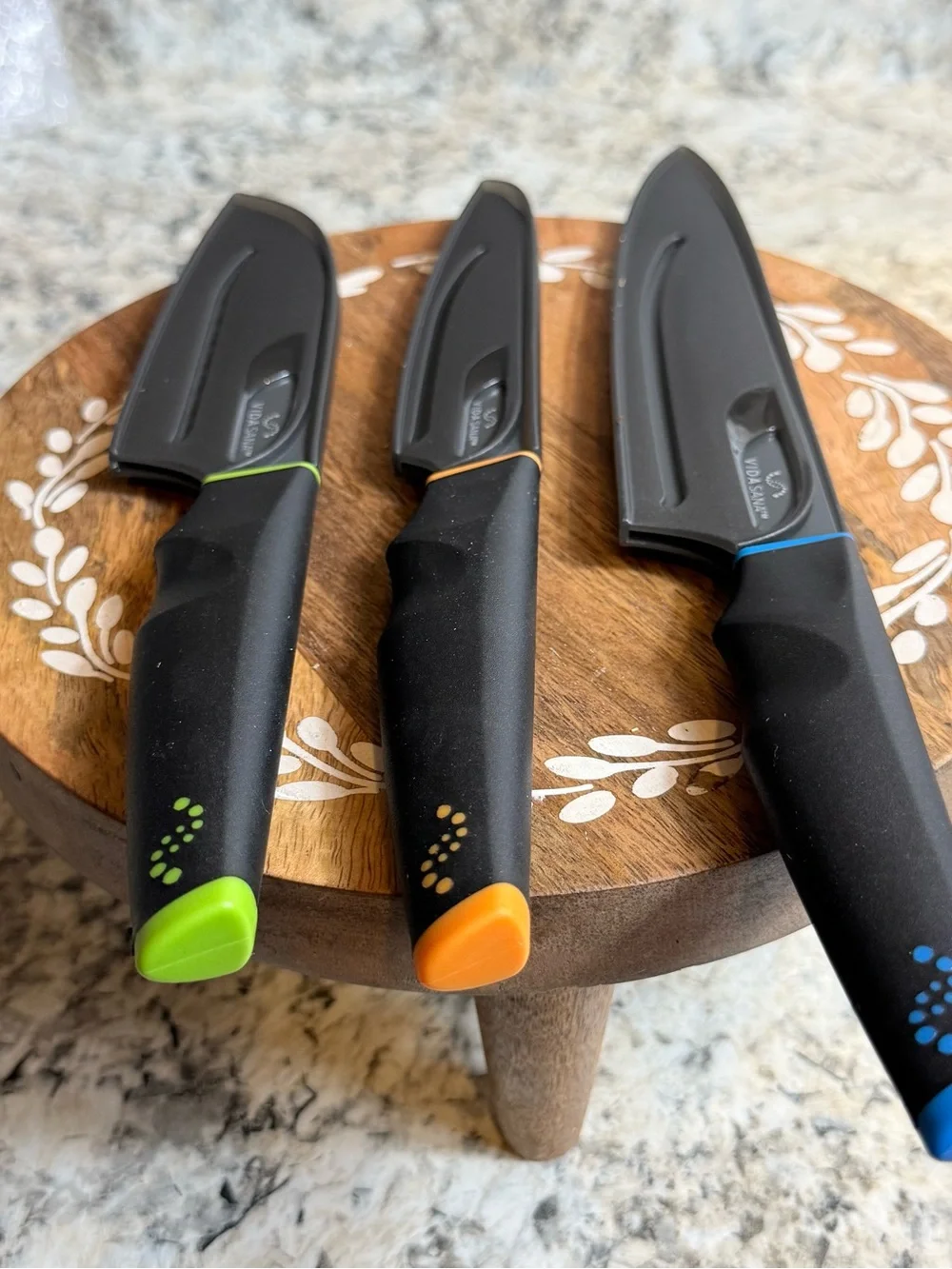 Princess House 3-Piece Black Knife Set with Green, Orange & Blue Accents
